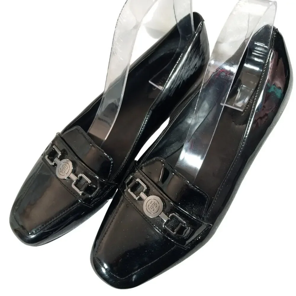 BANDOLINO! FLORA BLACK PATENT LEATHER FRONT METAL HARNESS NIPPED TOE FLATS!SZ 8M